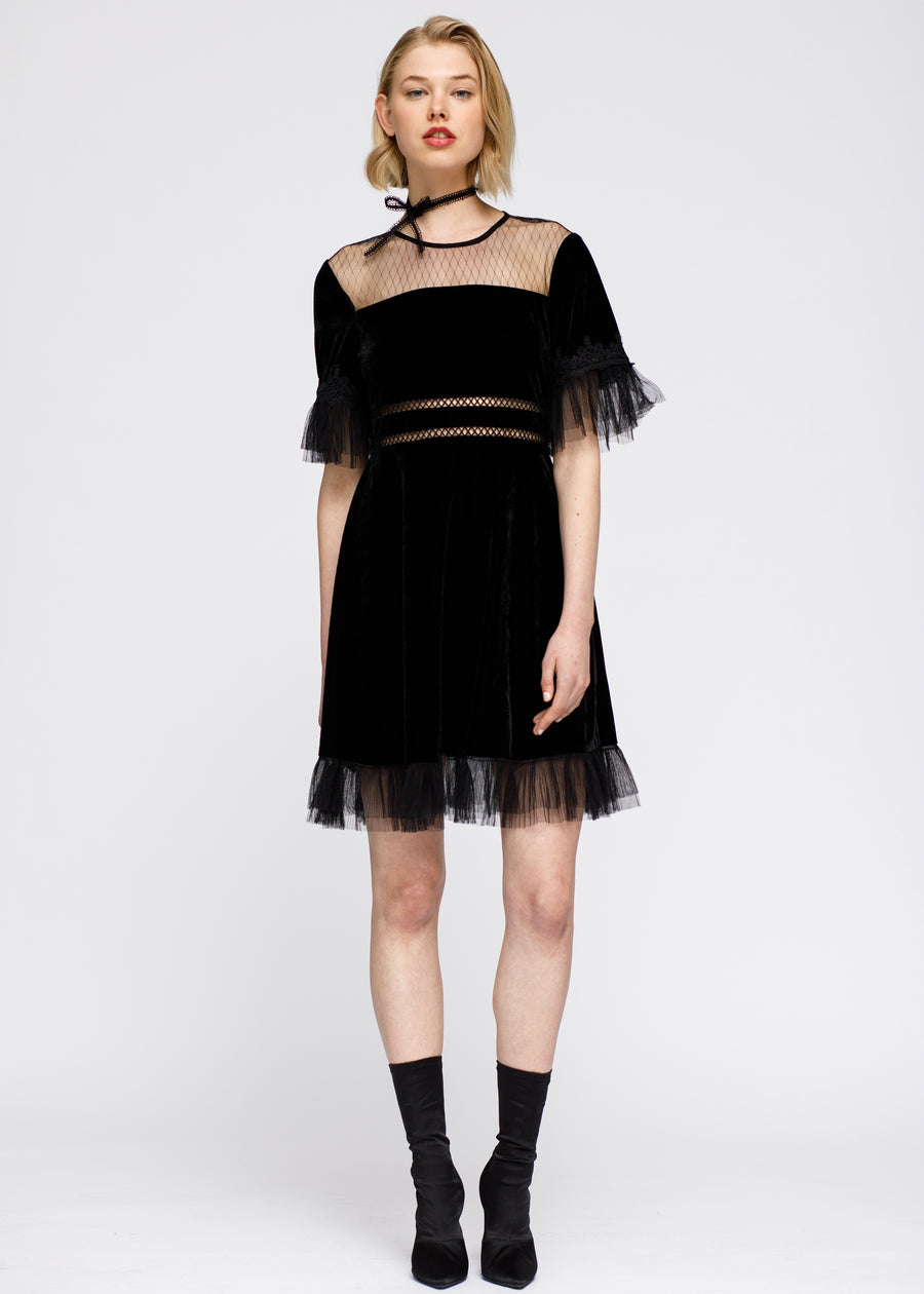 Mesh Contrast Velvet Dress In Black - shopatkonus