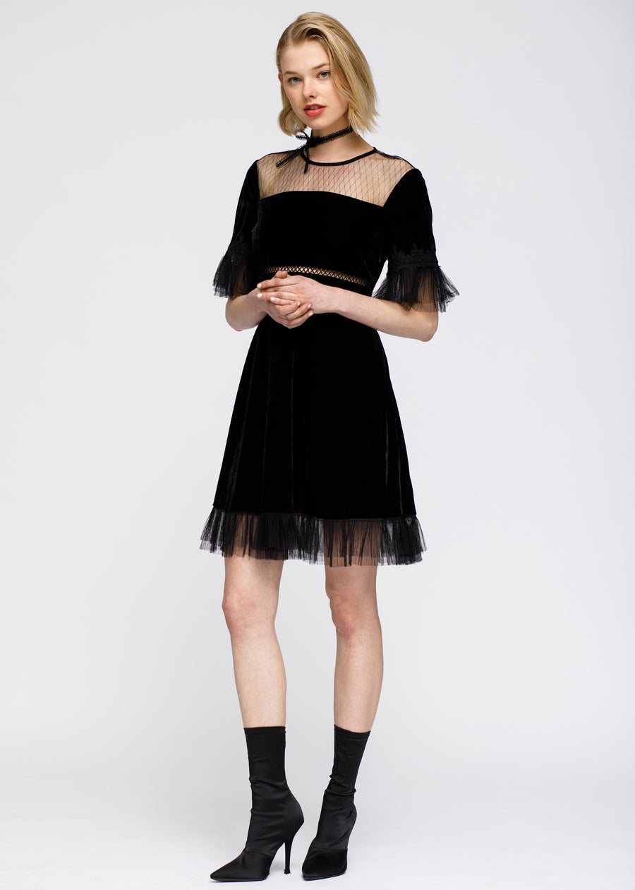 Mesh Contrast Velvet Dress In Black - shopatkonus