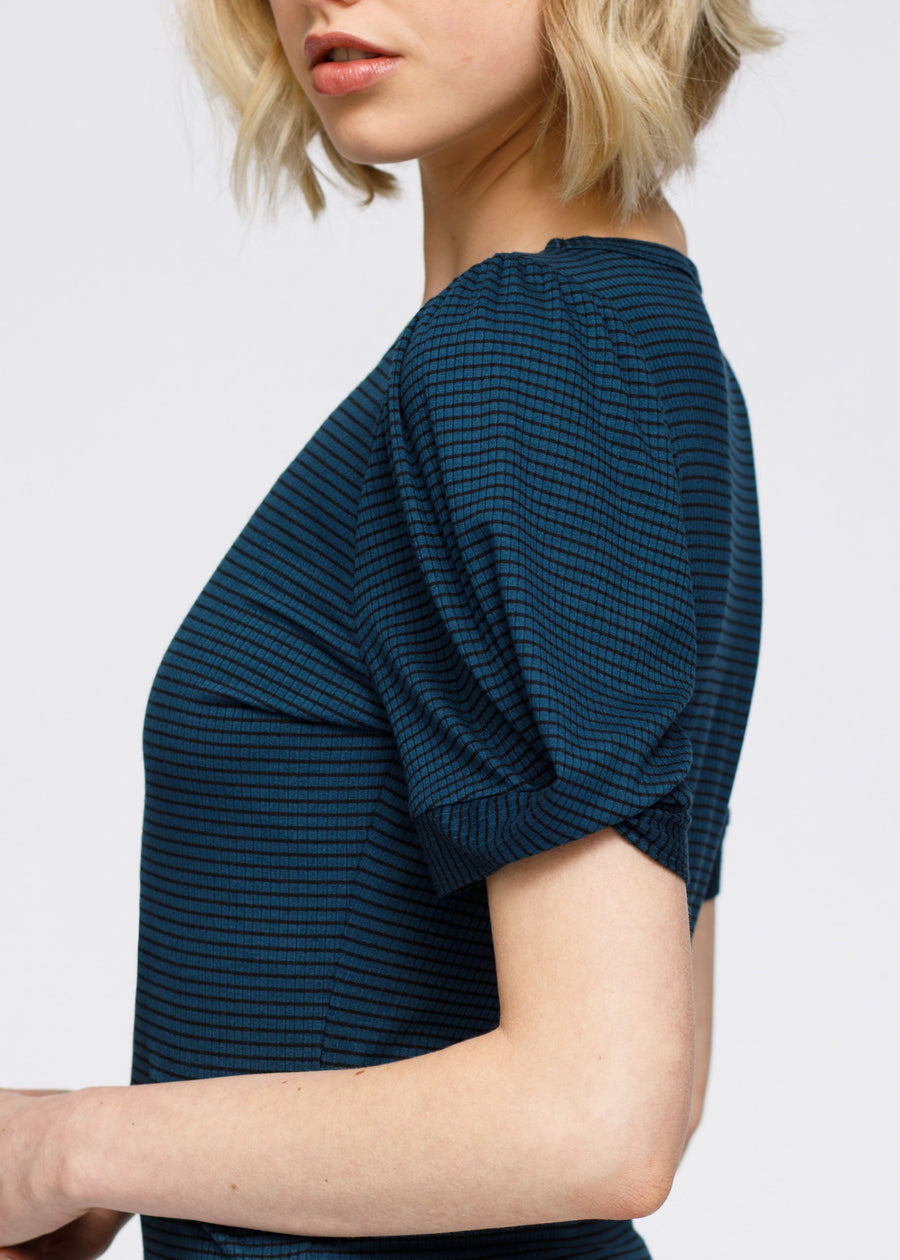Women's Gathered Short Sleeve Stripe Knit Top - shopatkonus