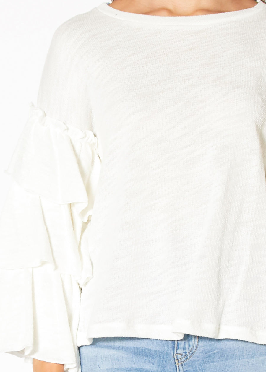 Tiered Ruffle Sleeve Top in White - shopatkonus
