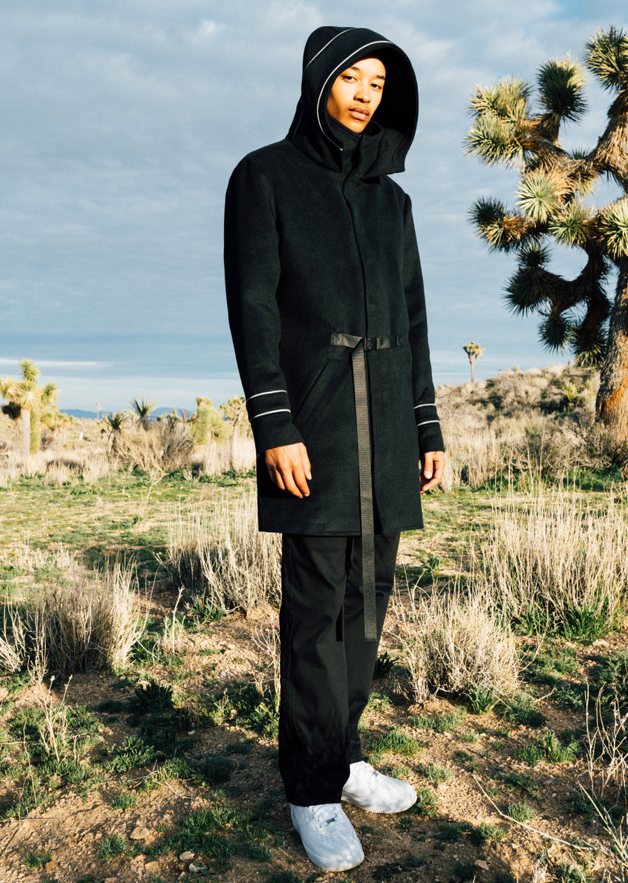 Men's Wool Blend Hooded Coat with Reflective Piping In Black - shopatkonus