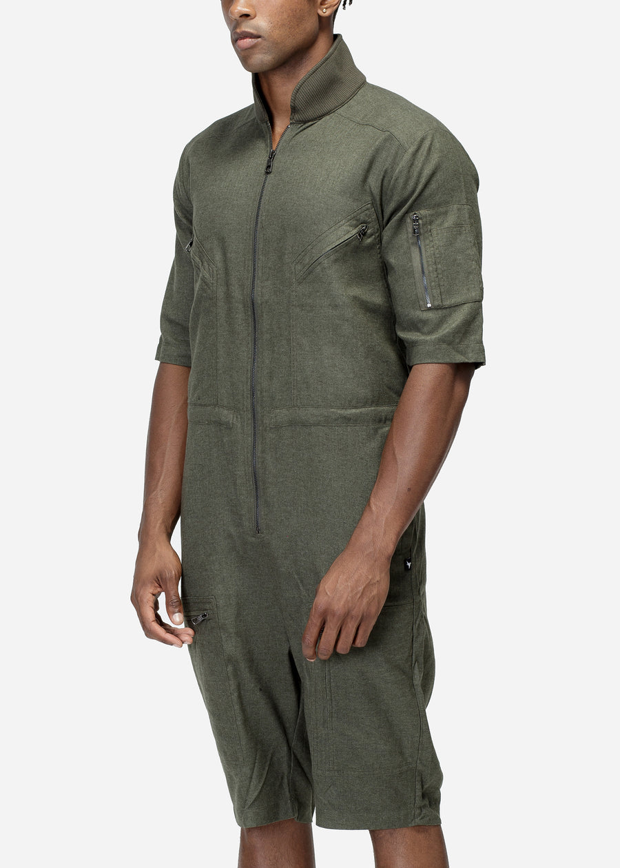 Unisex Short Sleeve Overall With Zipper Pockets In Olive - shopatkonus