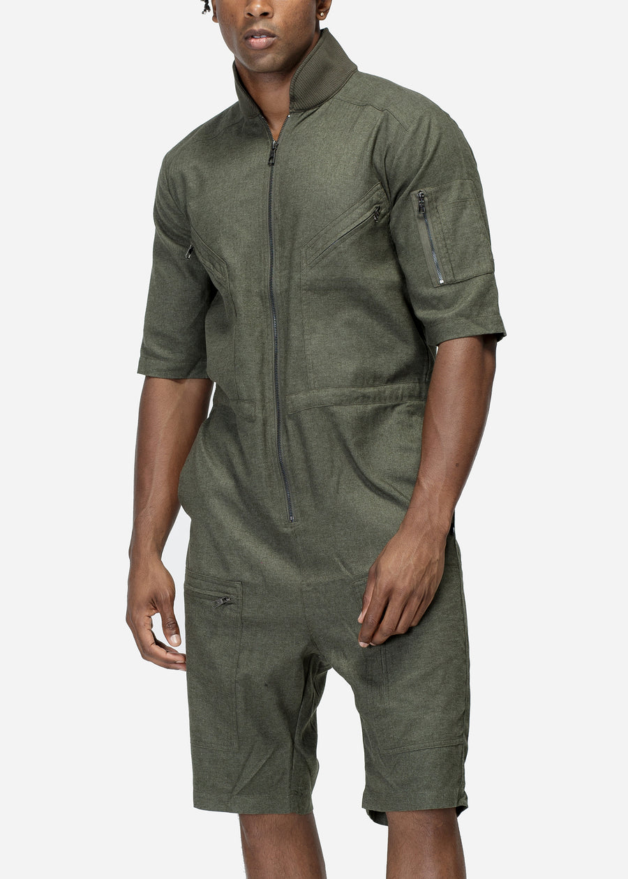 Unisex Short Sleeve Overall With Zipper Pockets In Olive - shopatkonus