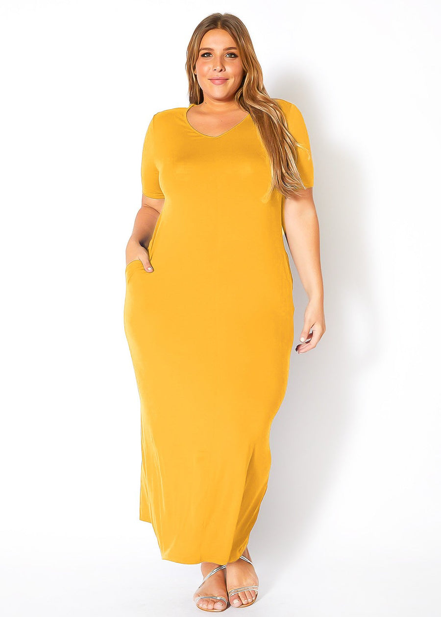 Plus Size V-neck Short Sleeve Maxi Dress With Pockets - Shop at Konus