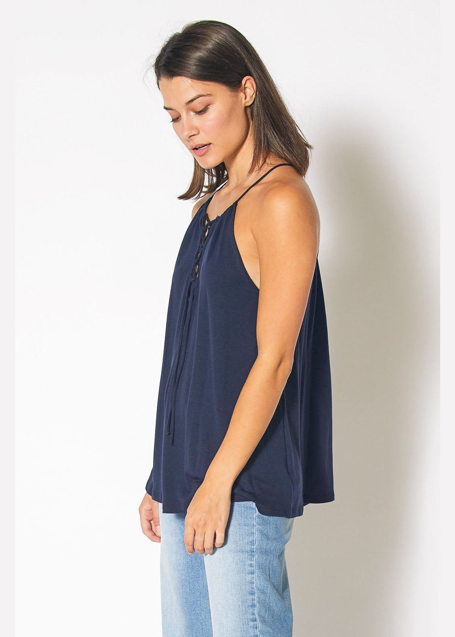 Lace Up Front Tank Top in Navy - shopatkonus
