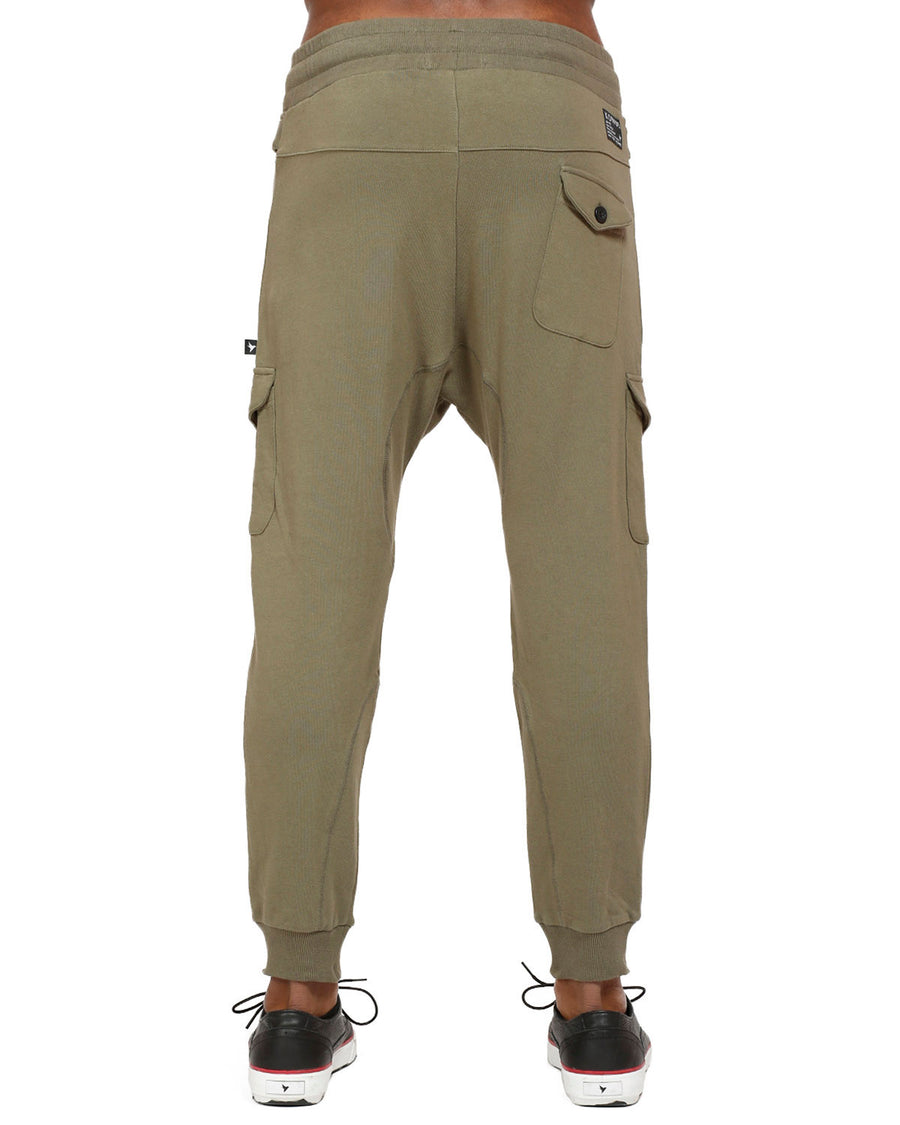Men's Drop Crotch Cargo Pockets Sweatpants in Olive - shopatkonus