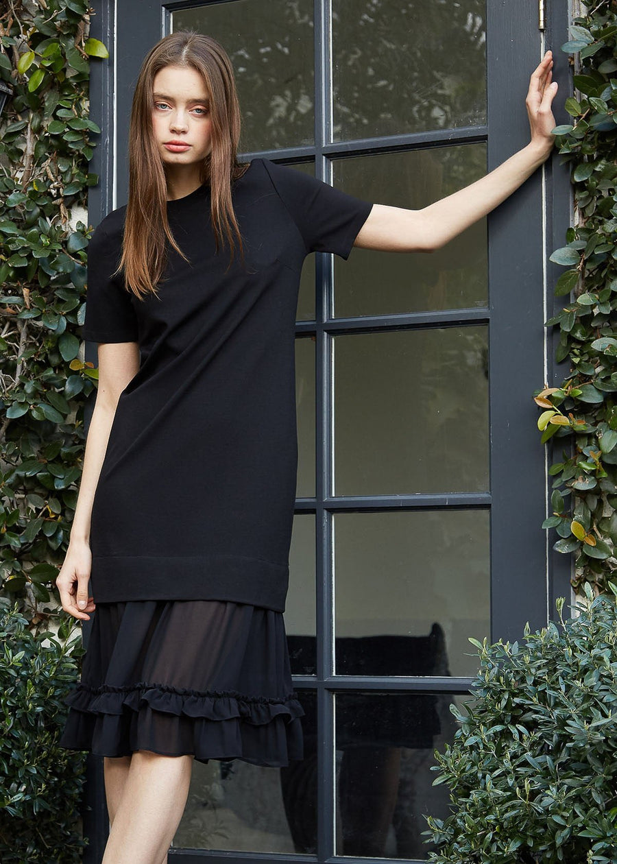 Sheer Contrast Ruffle Hem Midi Dress In Black - shopatkonus