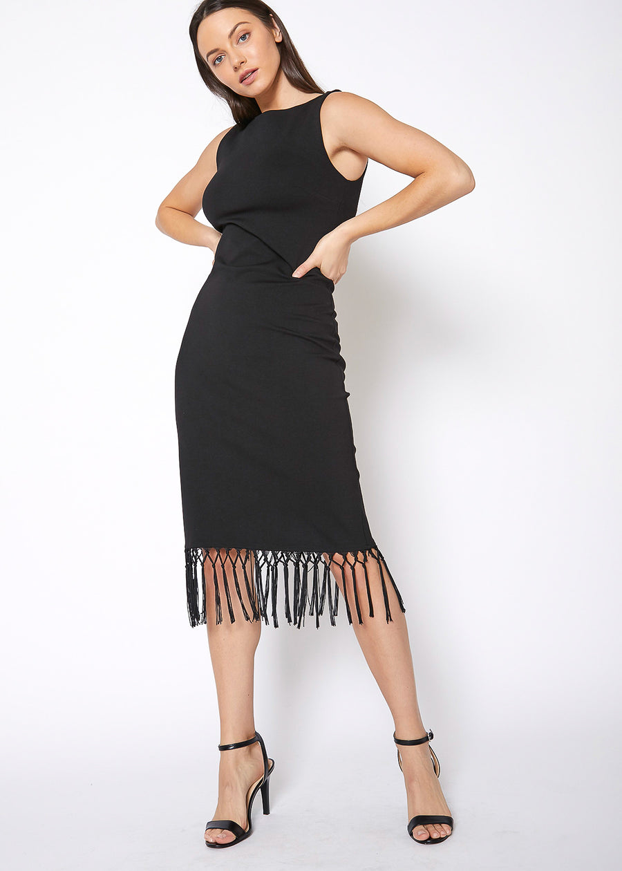 Tassel Hem Sleeveless Midi Bodycon Dress in Black - shopatkonus
