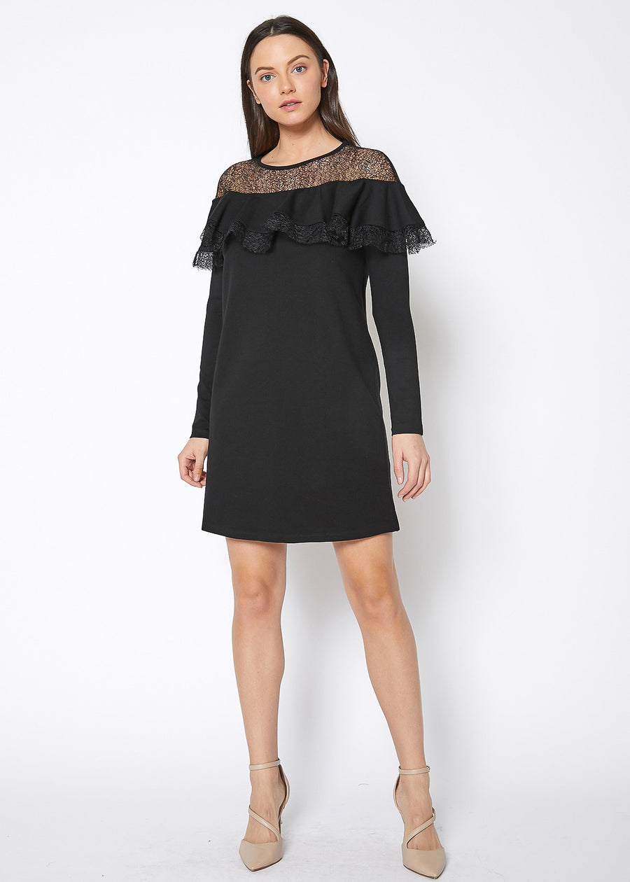Lace Trim Sweatshirt Dress In Black - shopatkonus