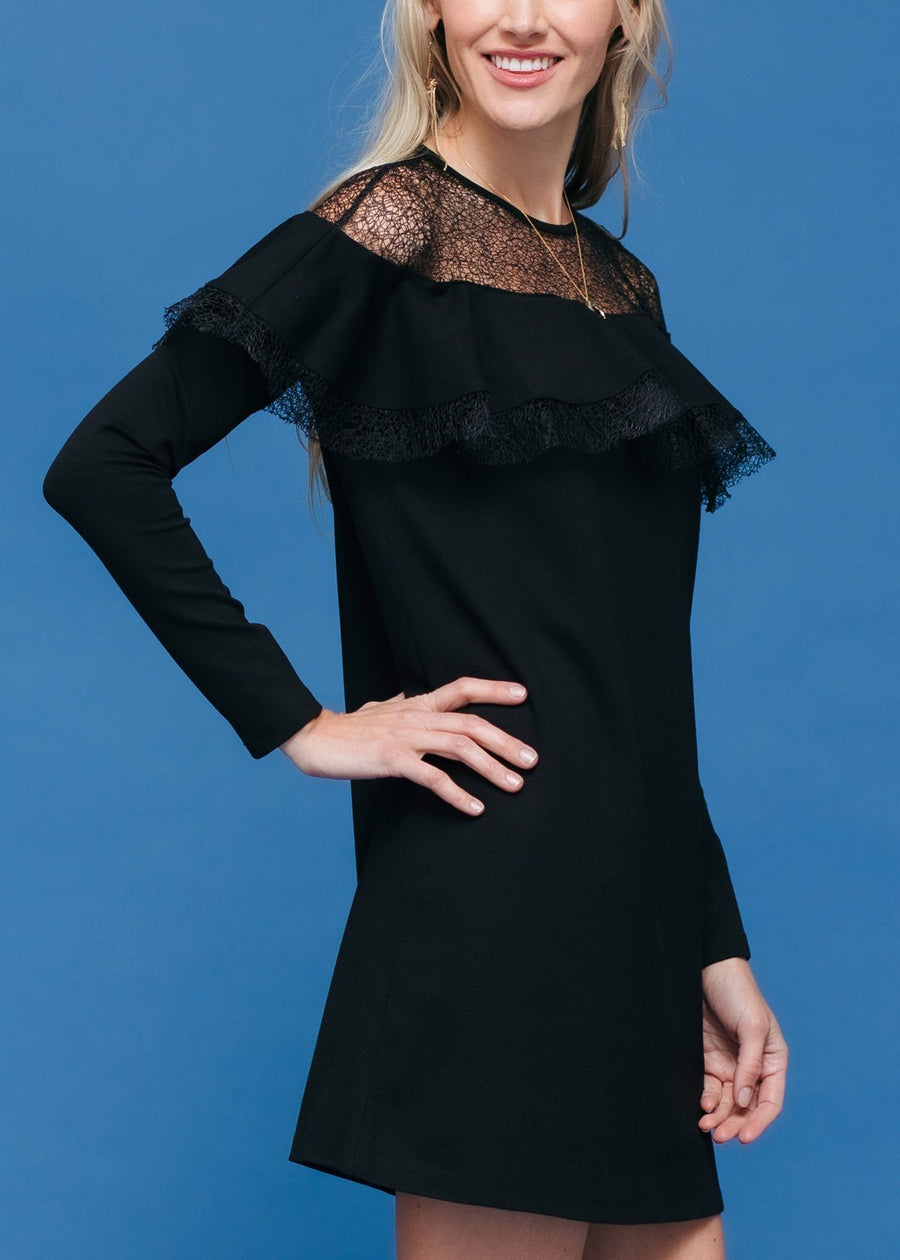 Lace Trim Sweatshirt Dress In Black - shopatkonus