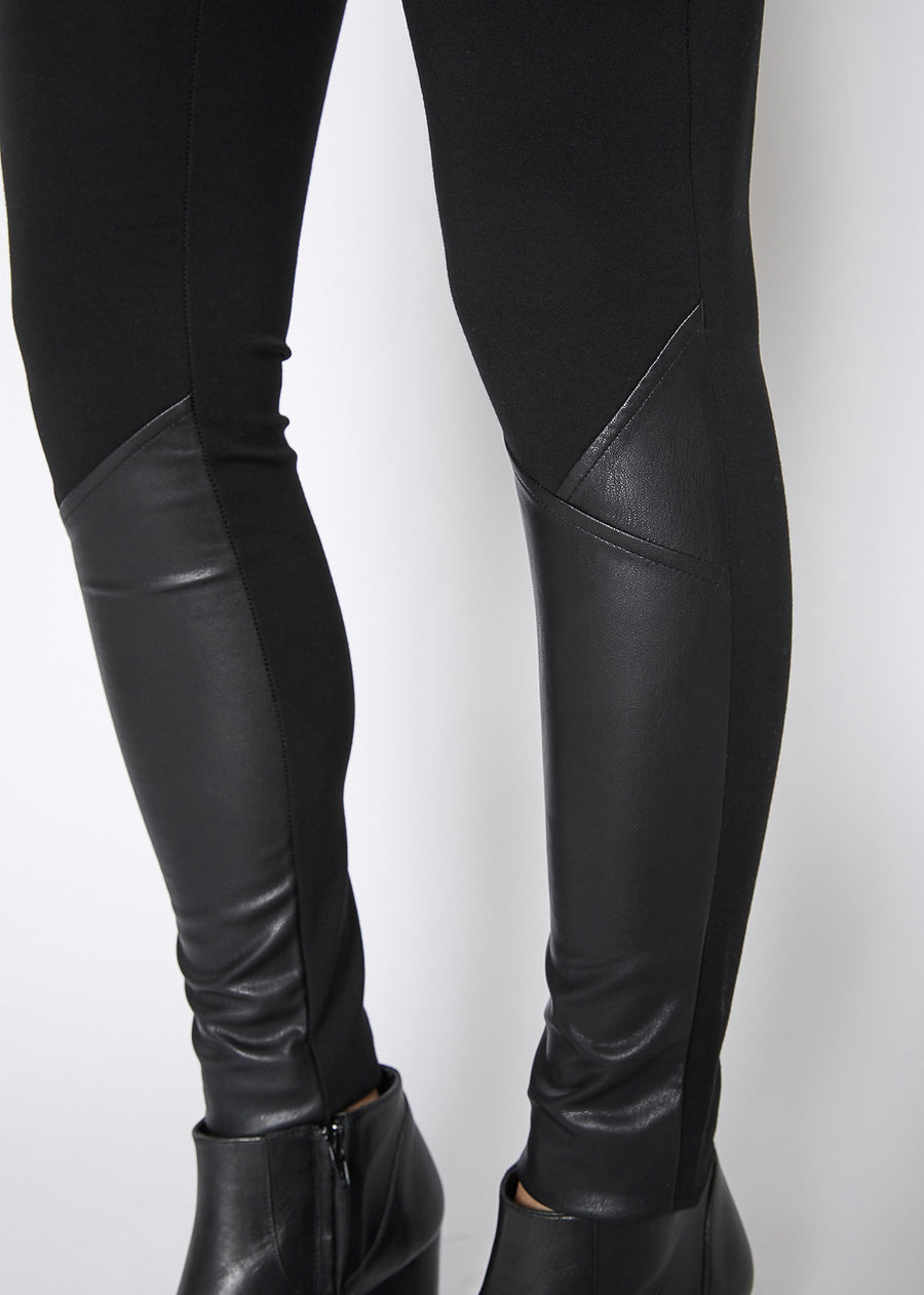 Black Leather Contrast Skinny Pants - shopatkonus
