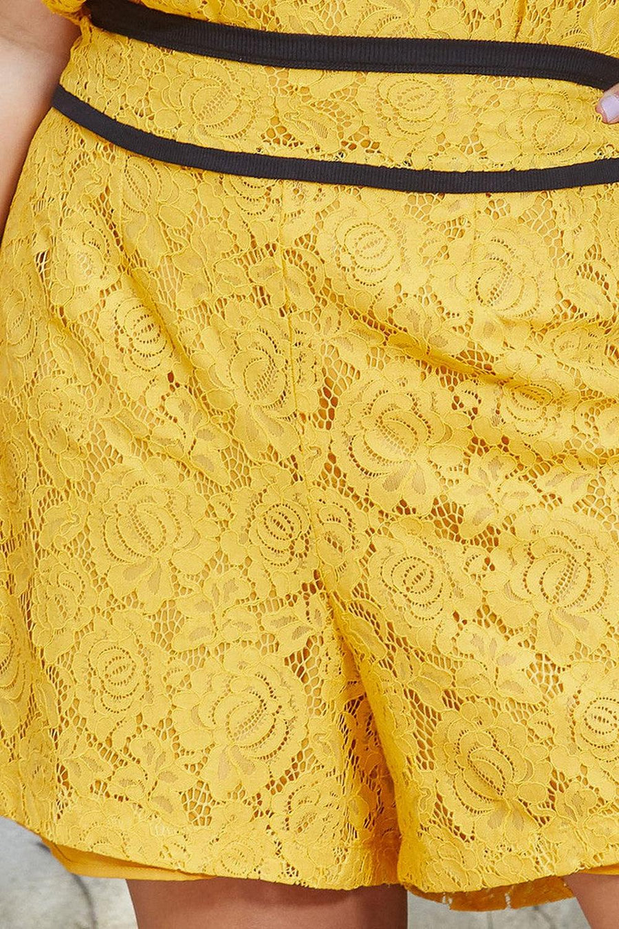Pleione Plus Size Women's Floral Lace Shorts In Mustard