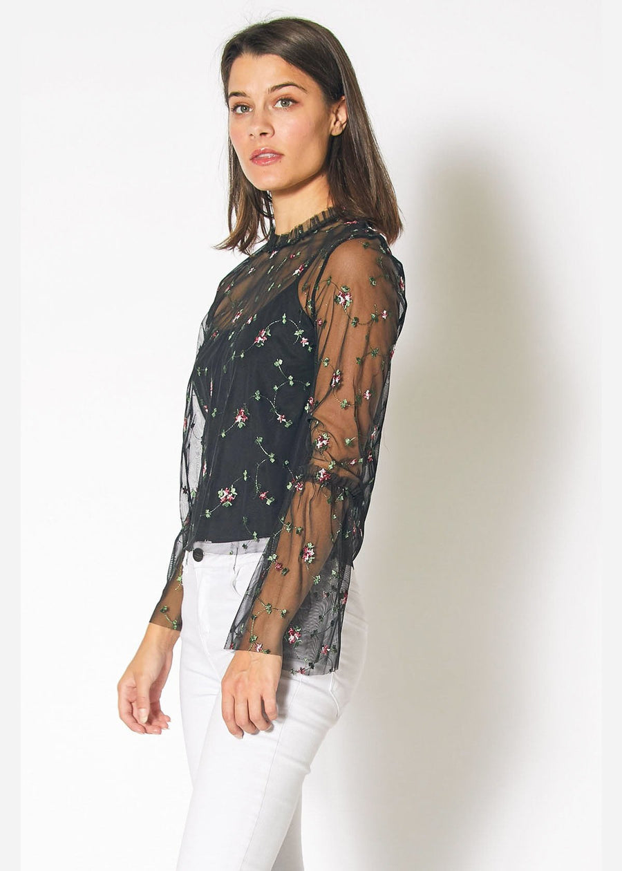 Sheer Blouse With Floral Embroidery in Black - shopatkonus