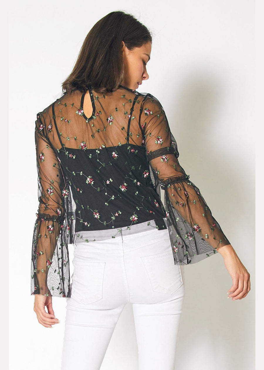 Sheer Blouse With Floral Embroidery in Black - shopatkonus