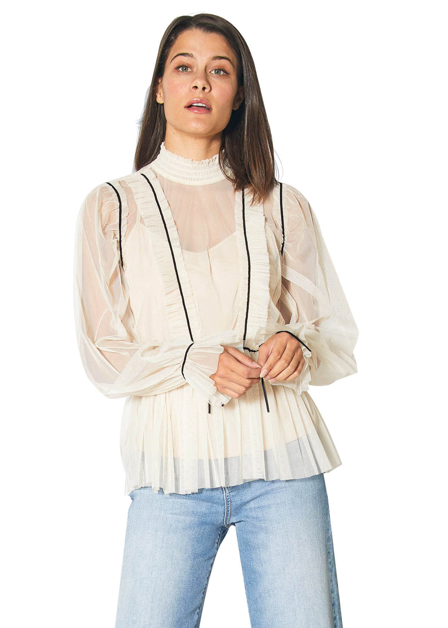Sheer High Neck Blouse With Piping And Ruffles in Ivory - shopatkonus