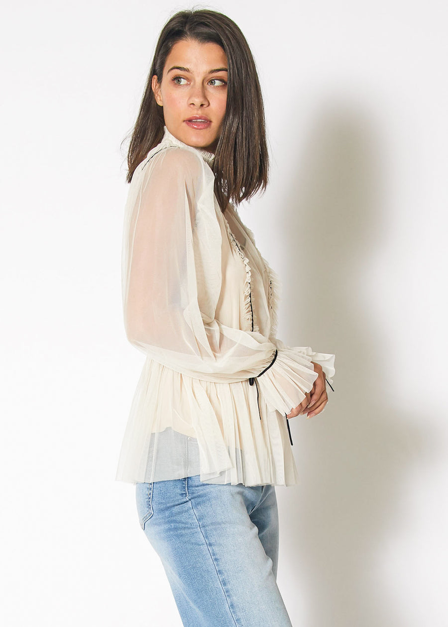 Sheer High Neck Blouse With Piping And Ruffles in Ivory - shopatkonus