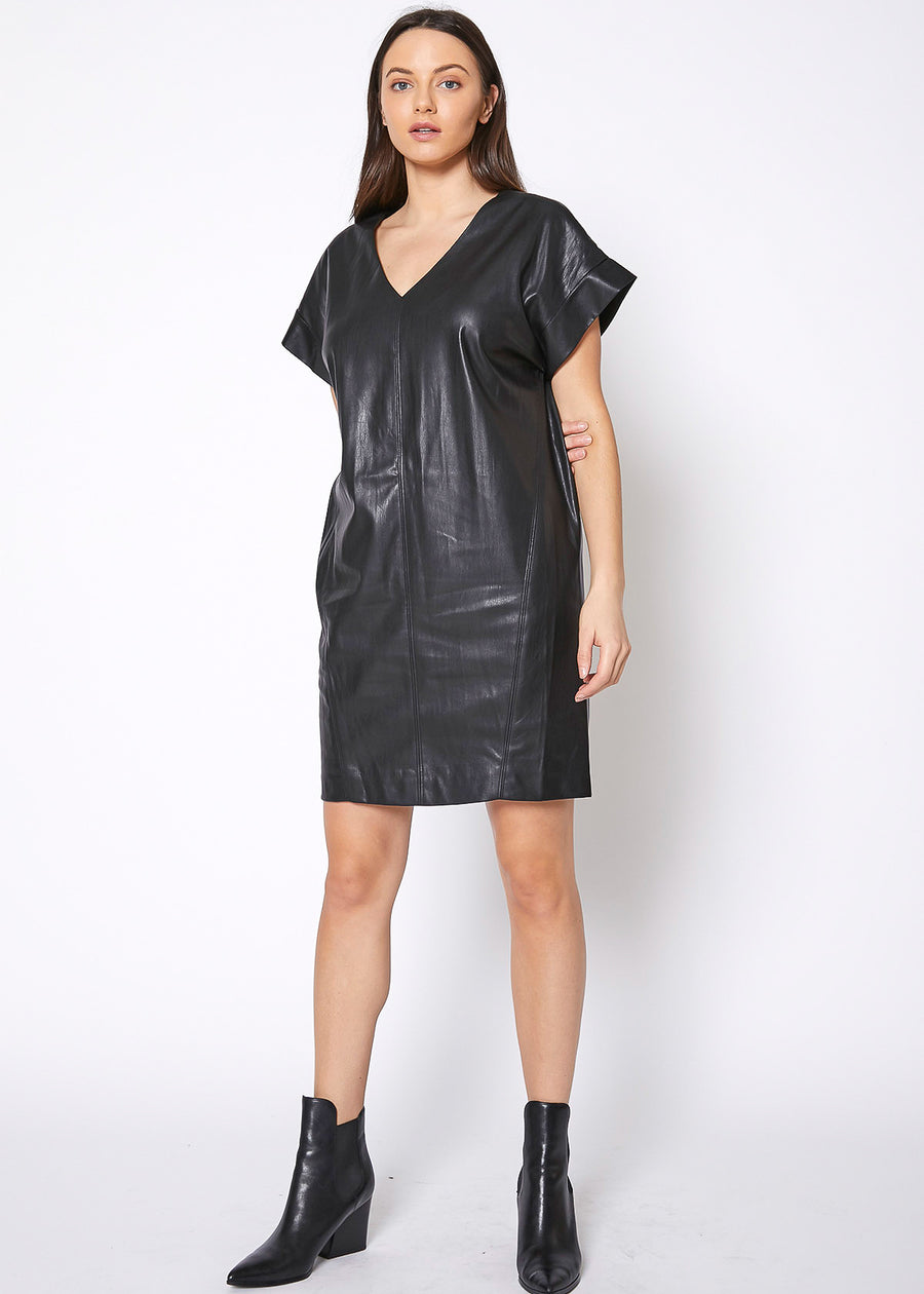 Women's Black PU Leather Dress - shopatkonus