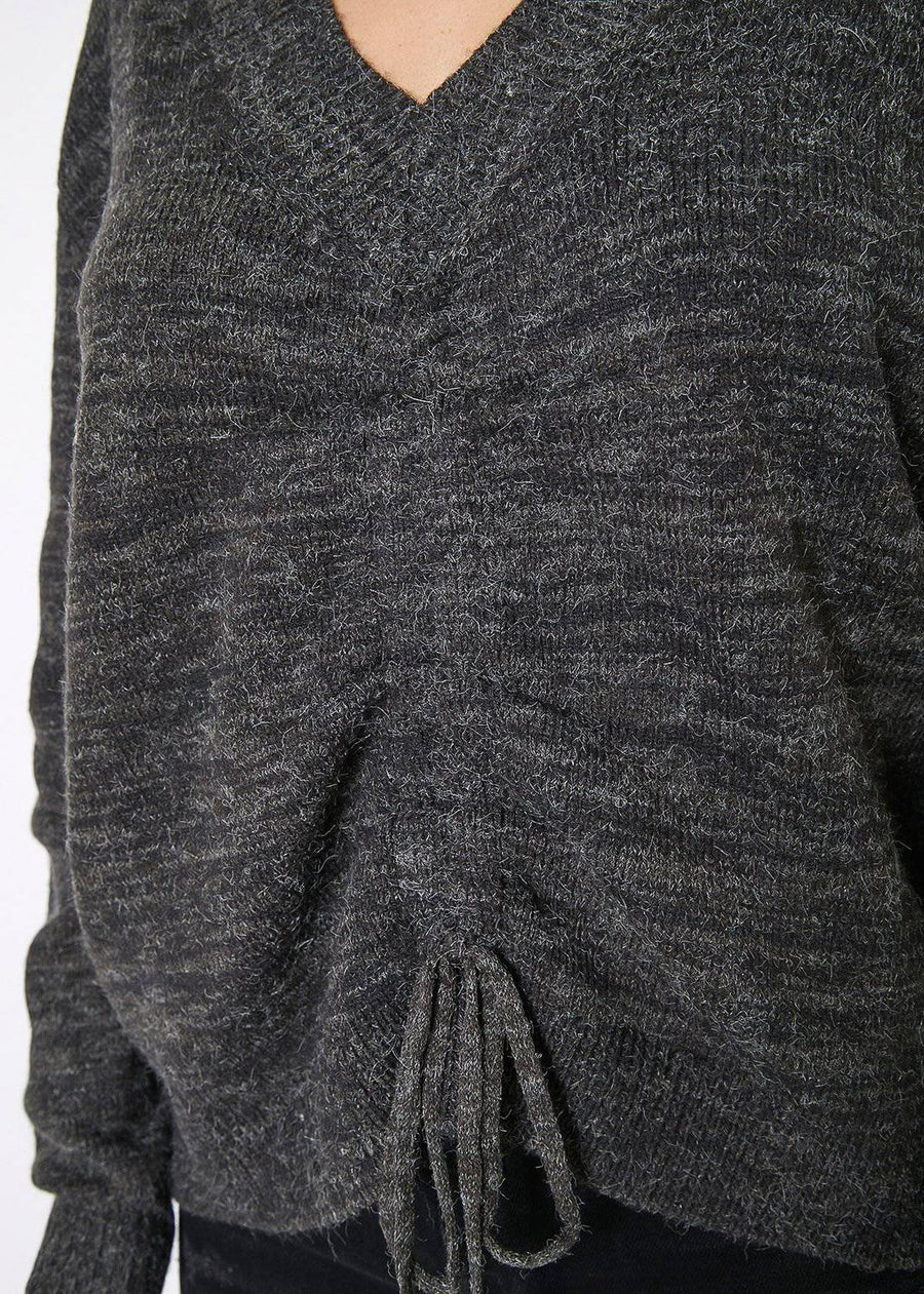 Pleione V-neck Ruched Sweater in Charcoal