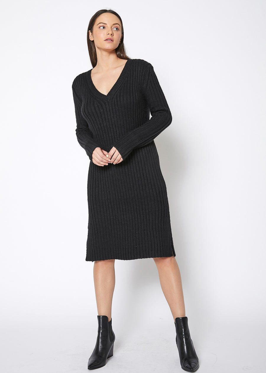 Ribbed Knit V Neck Sweater Midi Dress - shopatkonus