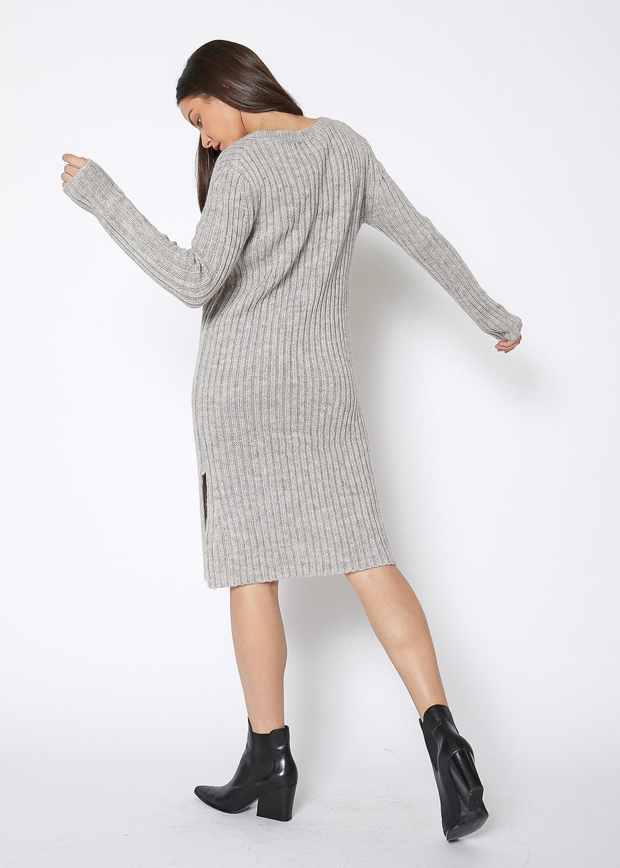 Ribbed Knit V Neck Sweater Midi Dress - shopatkonus