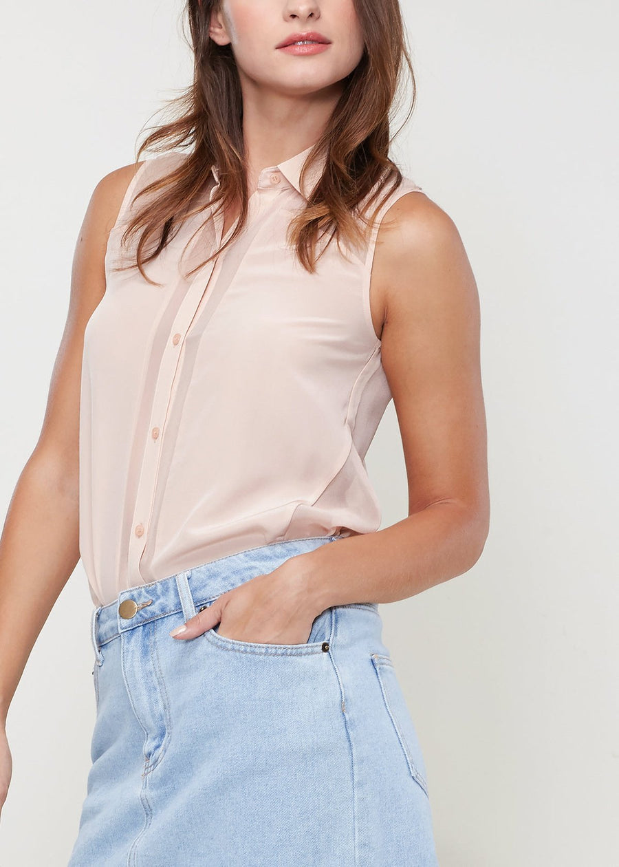 Women's Sleeveless 100% Silk Button Shirt - shopatkonus