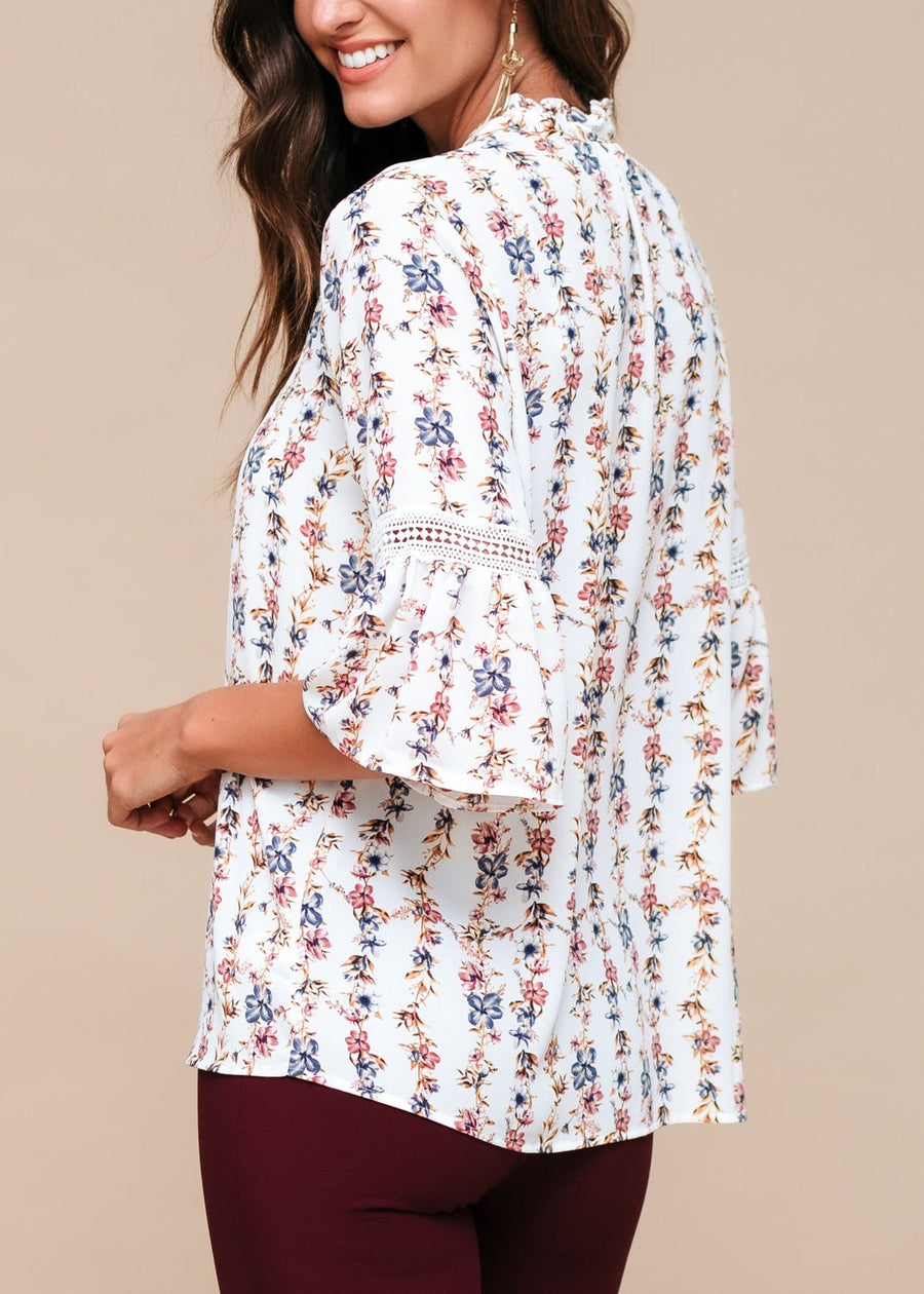 Women's Silk Tie-Neck Floral Ruffle Shirt - shopatkonus
