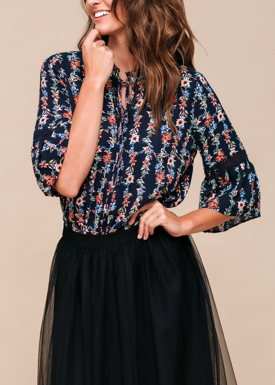 Women's Silk Tie-Neck Floral Ruffle Shirt - shopatkonus