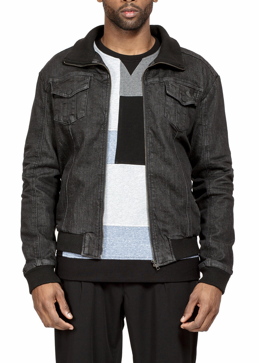 Konus Men's Washed Denim Rib Collar Jacket in Black - shopatkonus