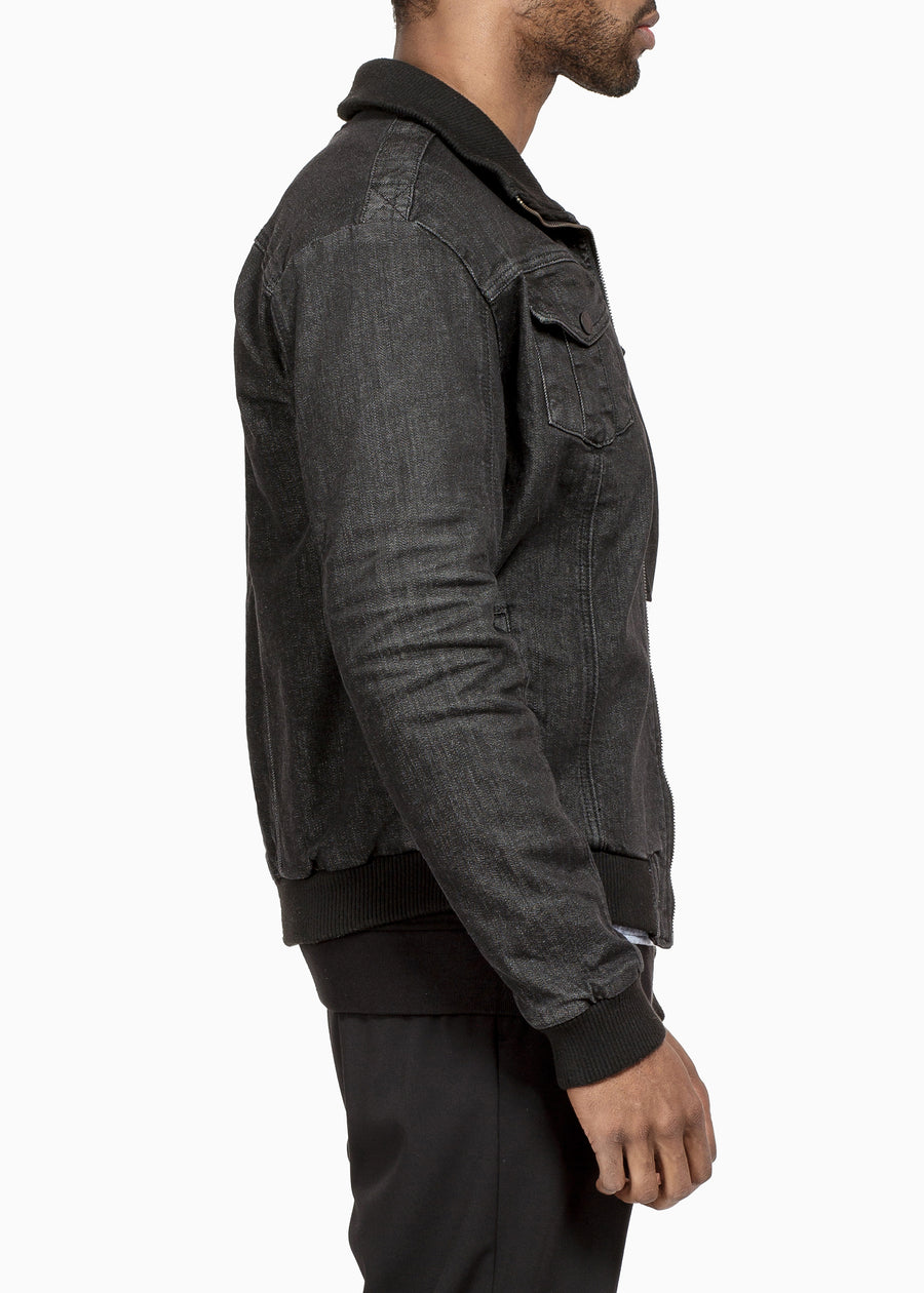 Konus Men's Washed Denim Rib Collar Jacket in Black - shopatkonus