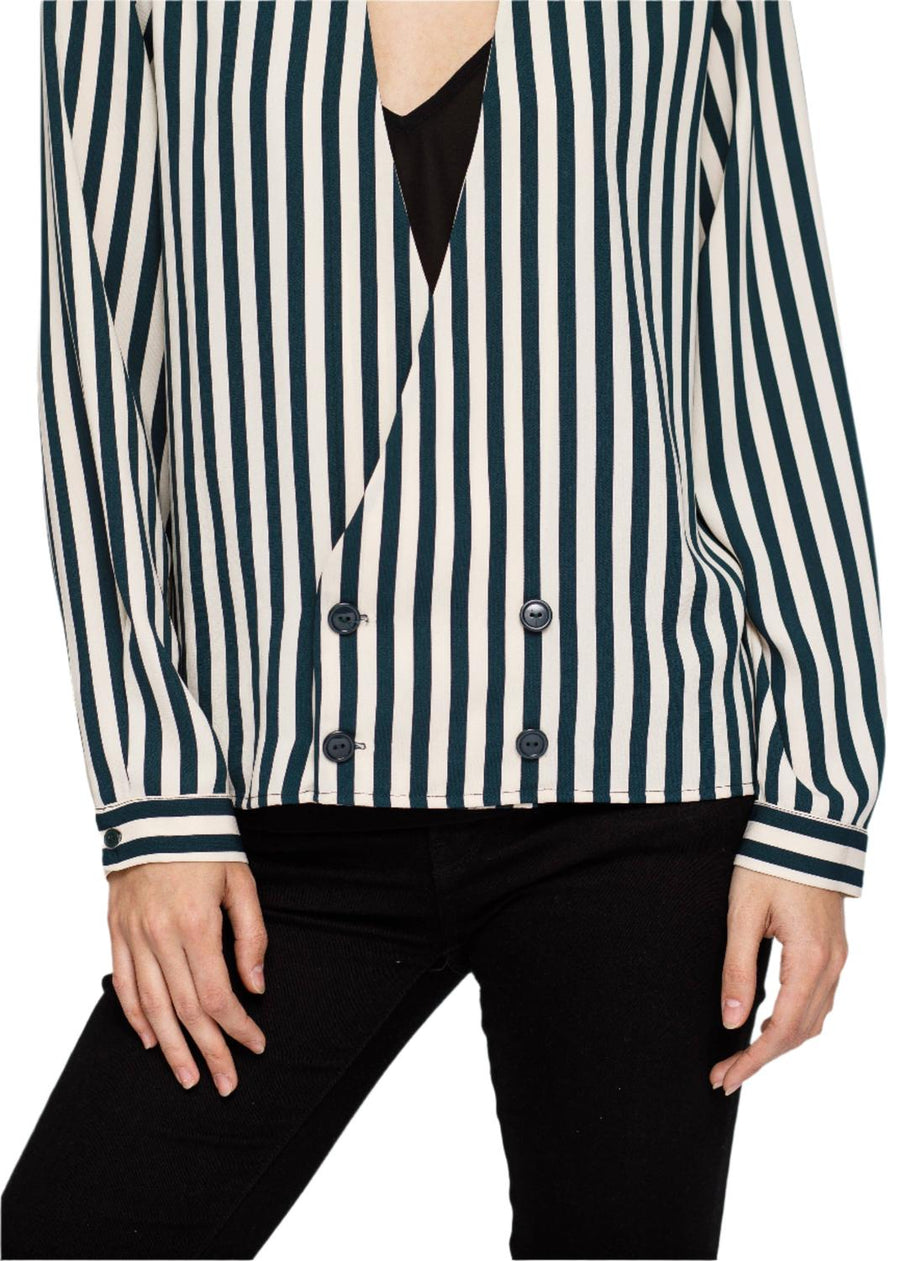Pleione V-neck Button Down Stripe Shirt Blouse in Cream Green Stripe