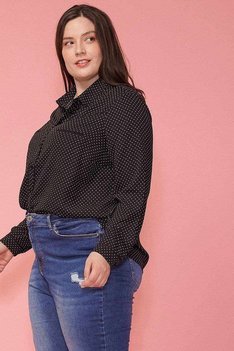 Pleione Plus Size Polka Dot Shirt Blouse in Black