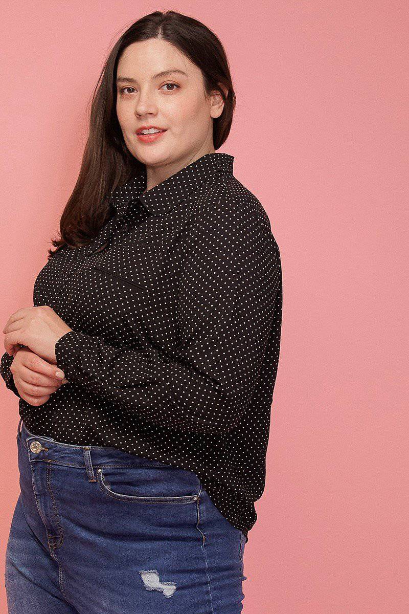 Pleione Plus Size Polka Dot Shirt Blouse in Black