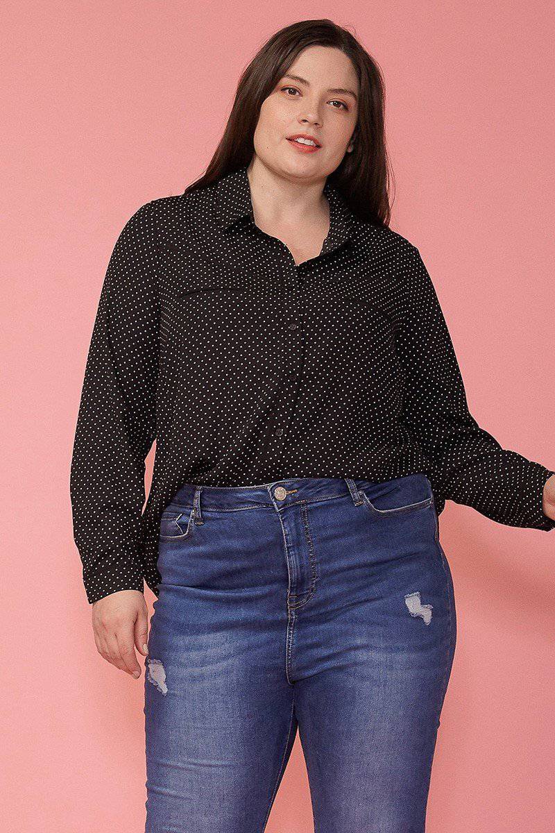 Pleione Plus Size Polka Dot Shirt Blouse in Black