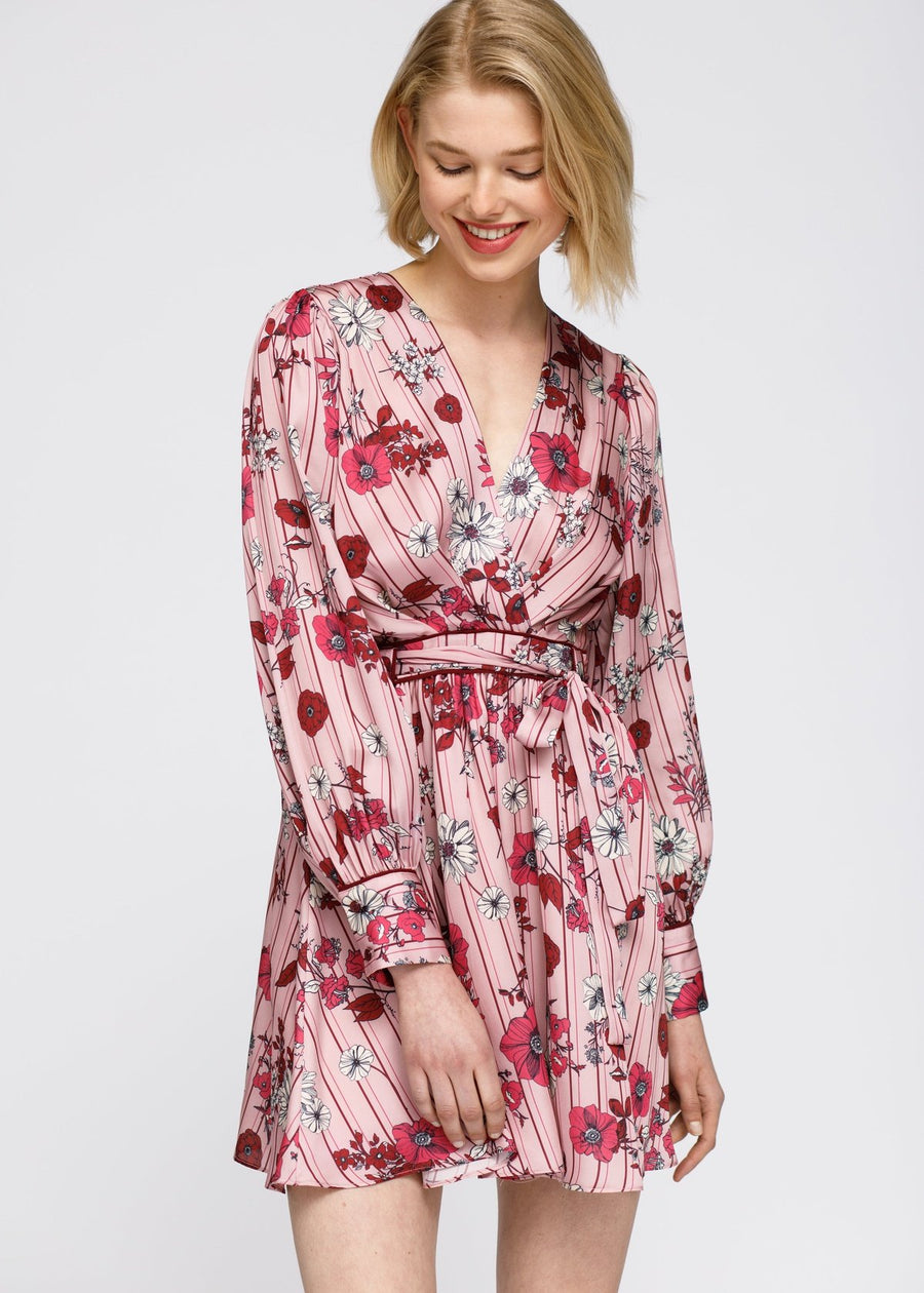 Pajama floral Satin Wrap Front Flared Dress - shopatkonus