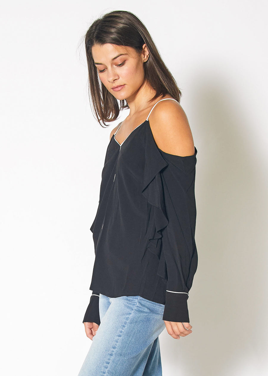 Cold Shoulder Blouse With Piping in Black - shopatkonus