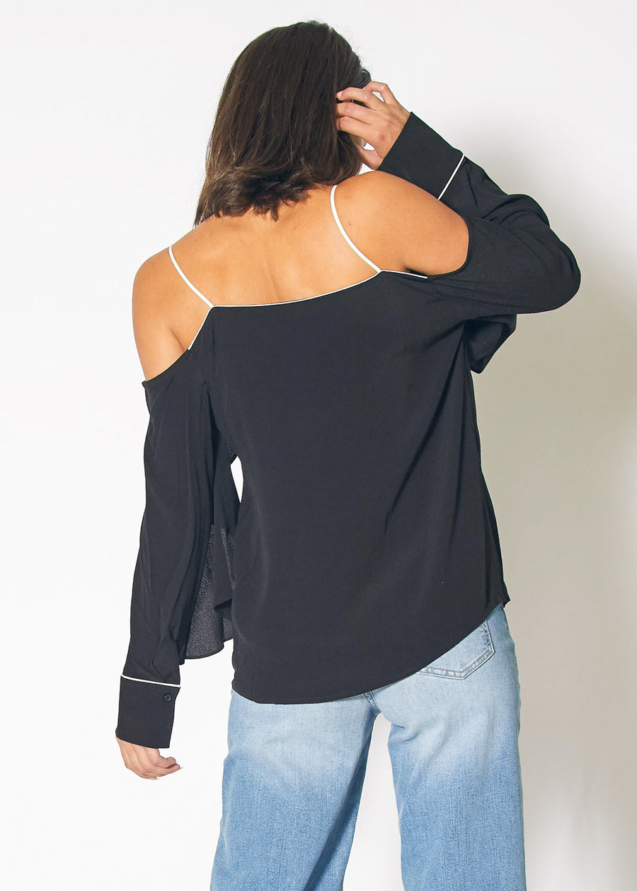 Cold Shoulder Blouse With Piping in Black - shopatkonus