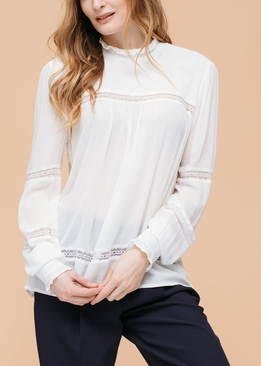 Long Sleeve Neck Lace Inset Top in White - shopatkonus