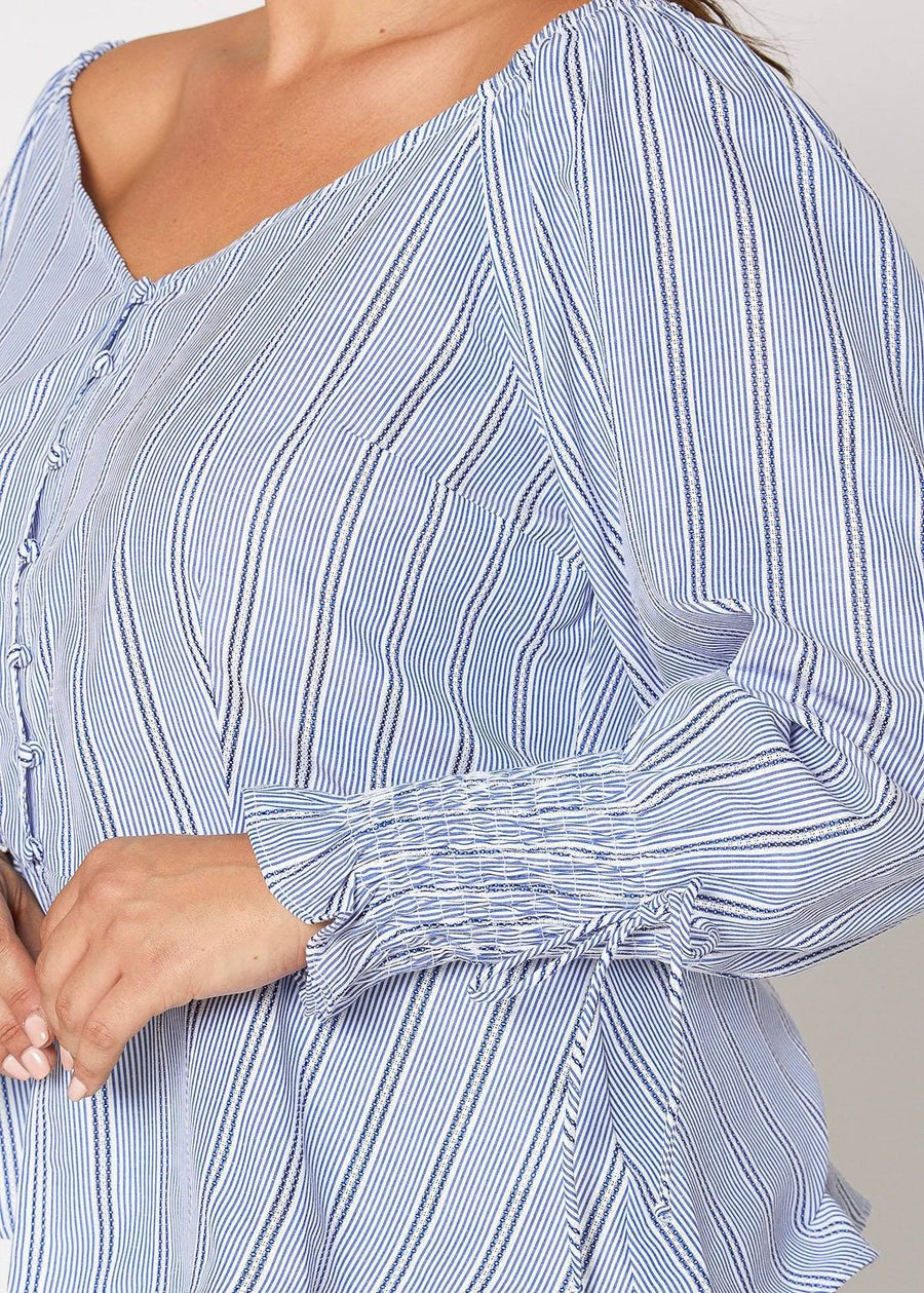 Women's Plus Size Smocked Sleeve Wrap Blouse in Blue