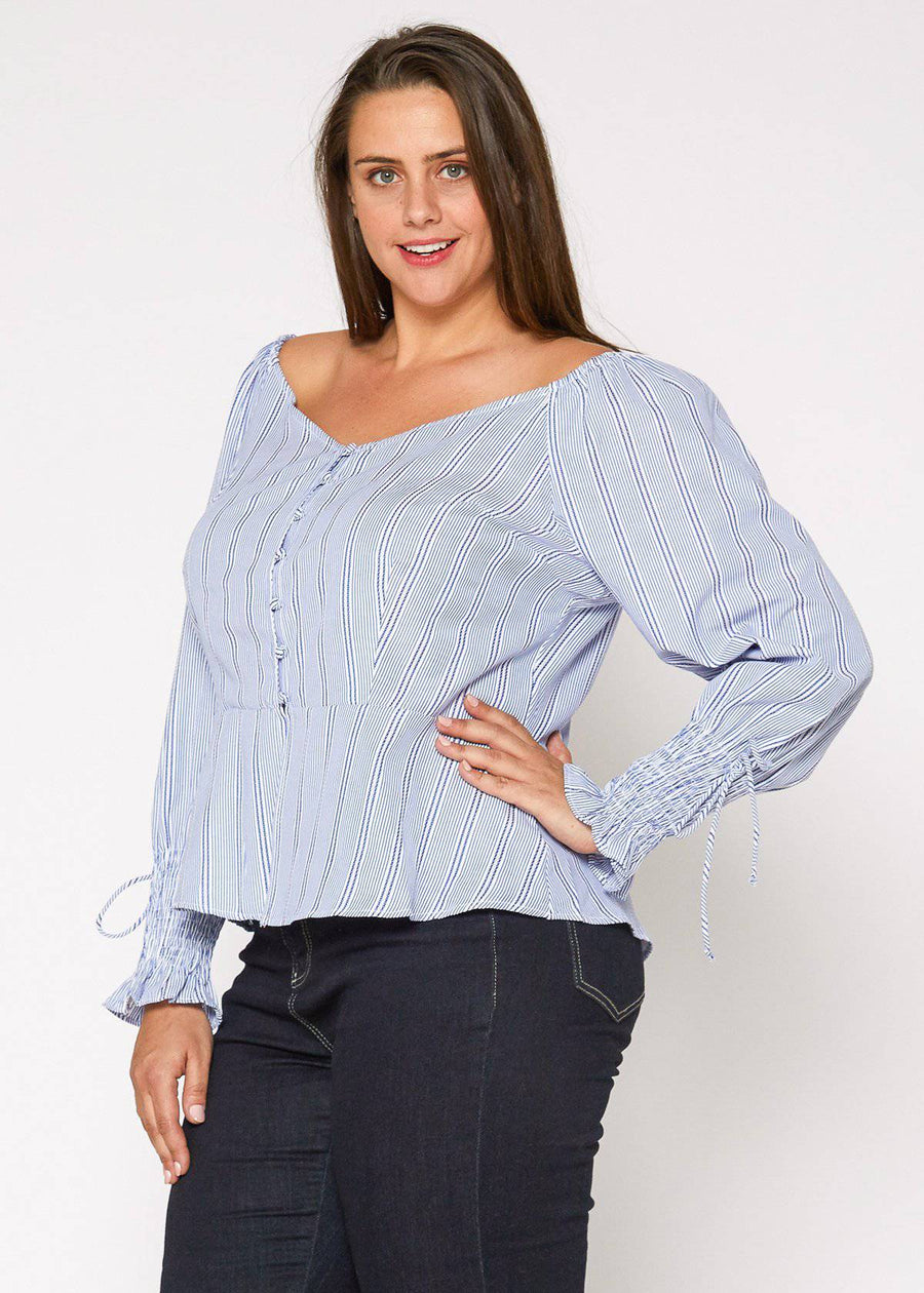 Women's Plus Size Smocked Sleeve Wrap Blouse in Blue