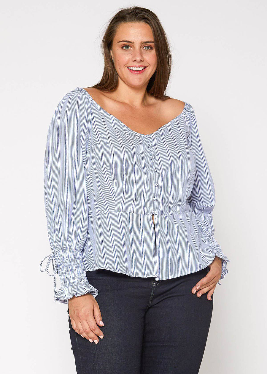 Women's Plus Size Smocked Sleeve Wrap Blouse in Blue