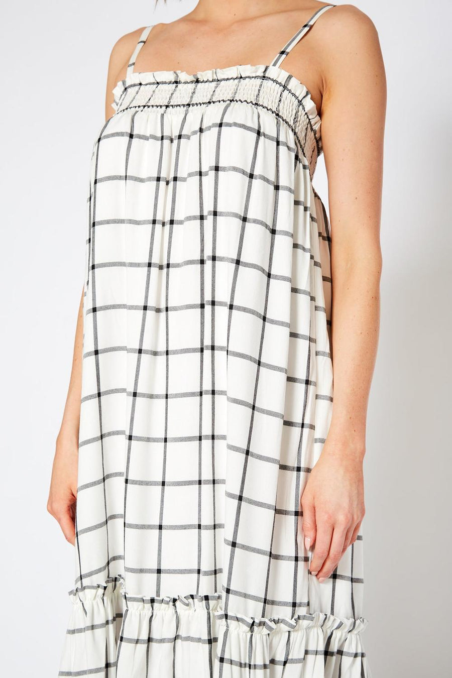 Pleione Women's Grid Print Smocked Maxi Dress In Ivory