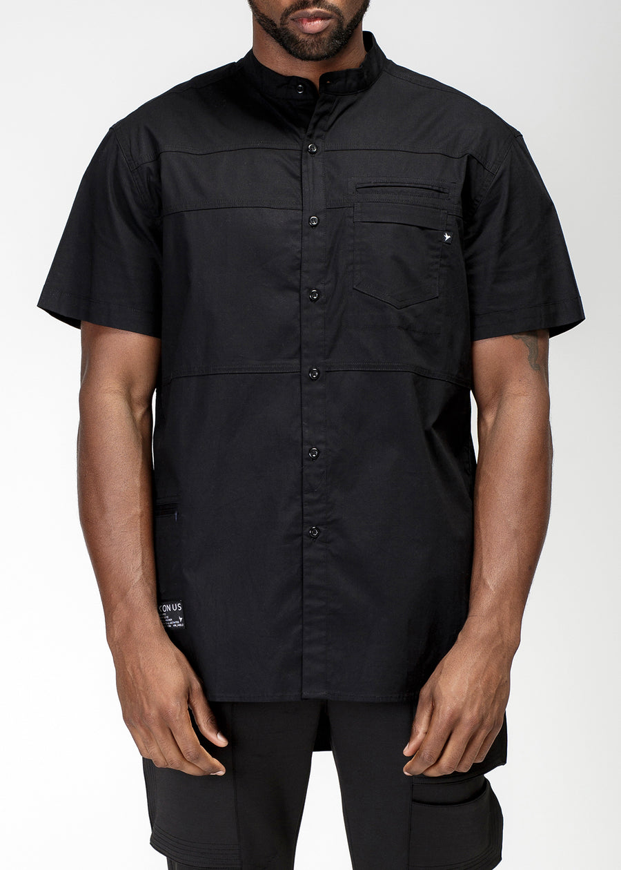 Konus Men's Short Sleeve Band Collar Panel Shirt in Black - shopatkonus