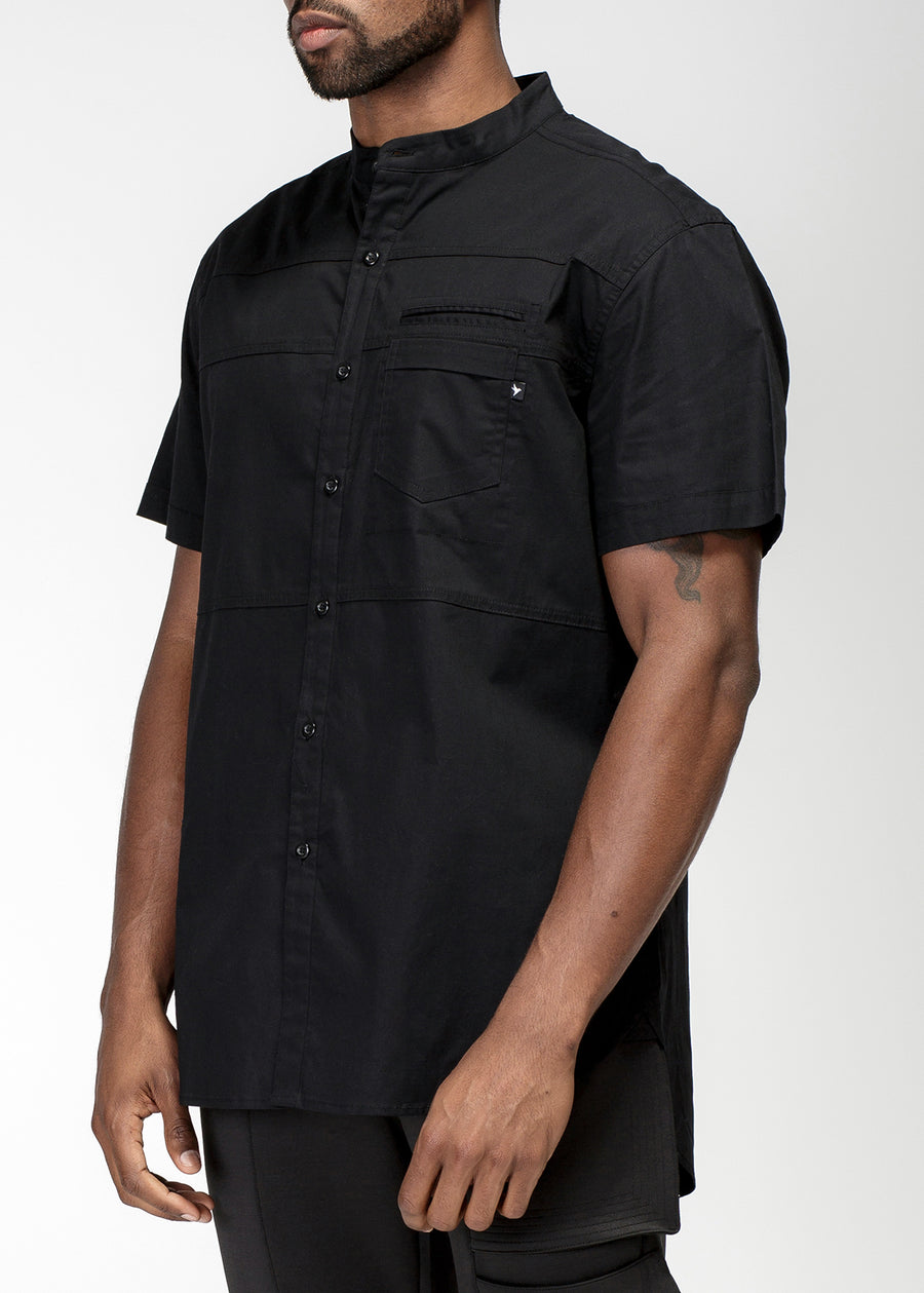Konus Men's Short Sleeve Band Collar Panel Shirt in Black - shopatkonus