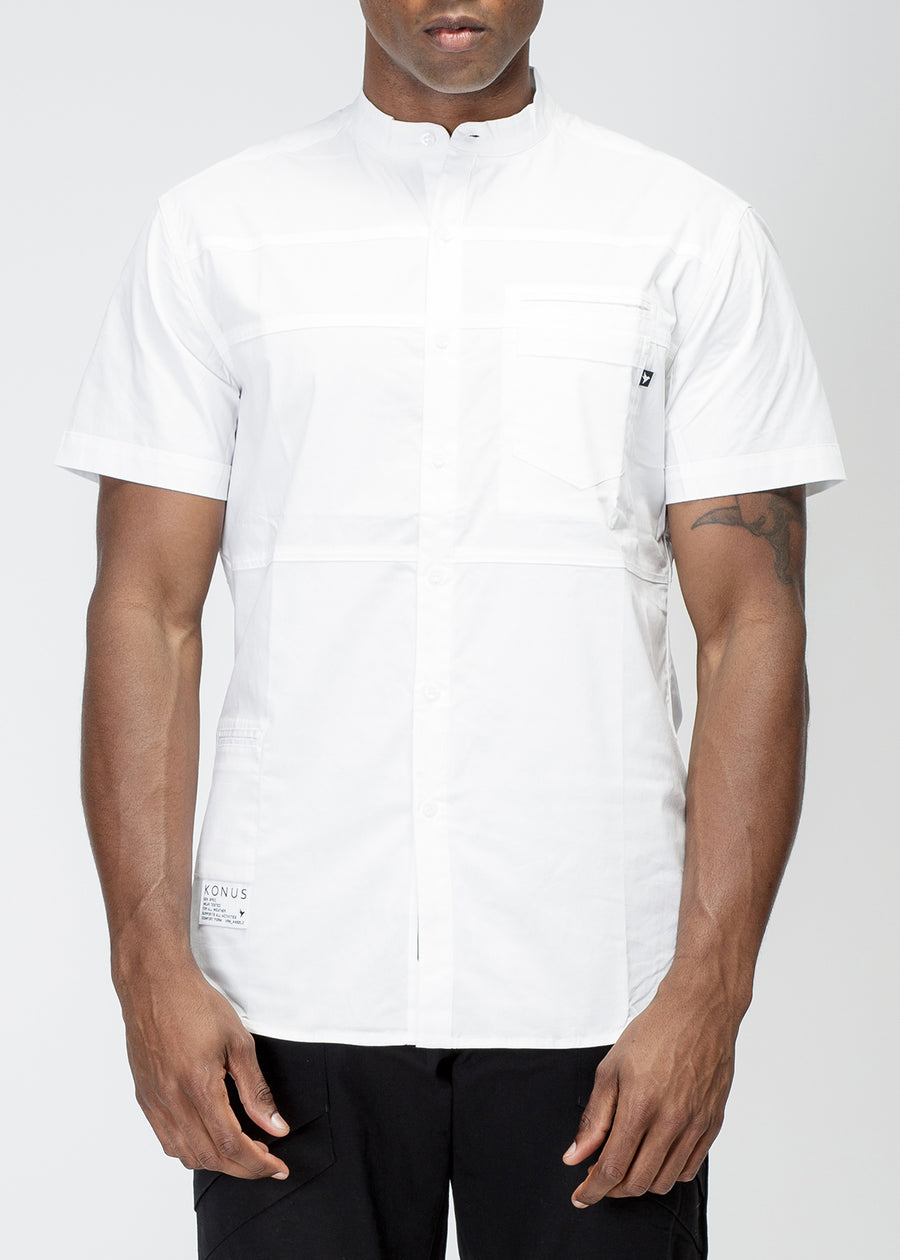 Konus Men's Short Sleeve Band Collar Panel Shirt in White - shopatkonus
