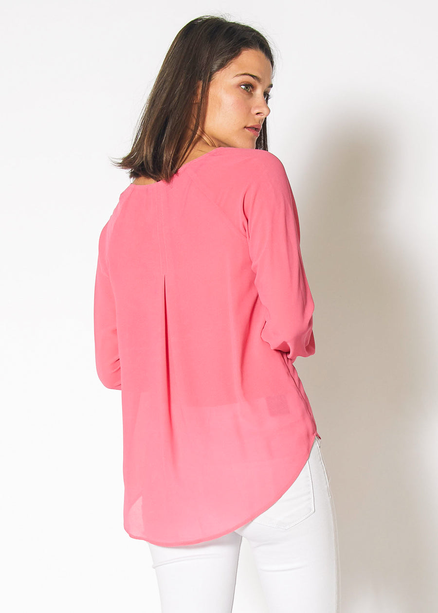 Sheer V-Neck Pleat Long Sleeve Blouse in Pink - shopatkonus