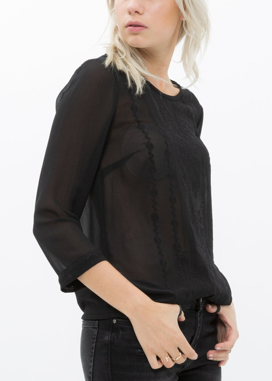 Women's Embossed Long Sleeve Sheer Top In Black - shopatkonus