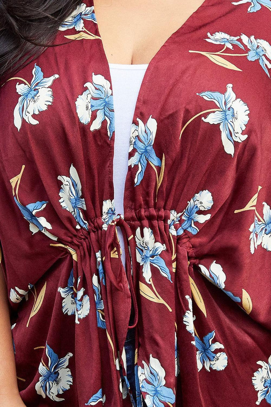 Pleione Plus Size Floral Batwing Kimono Cardigan in Burgundy