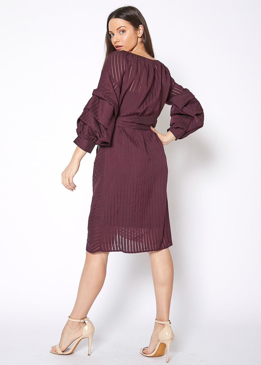 Organza Stripe Wrap Dress In Burgundy - shopatkonus