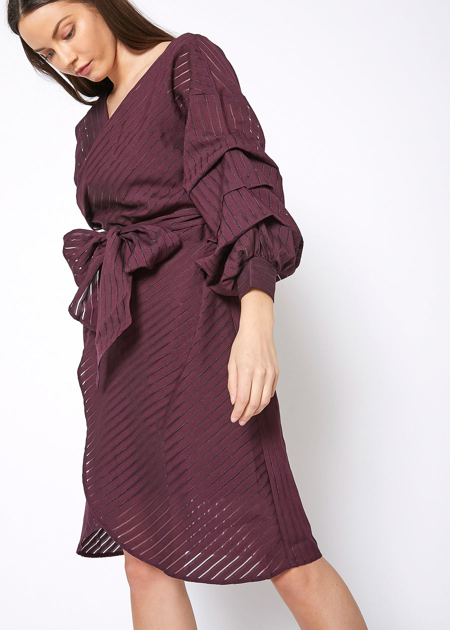 Organza Stripe Wrap Dress In Burgundy - shopatkonus