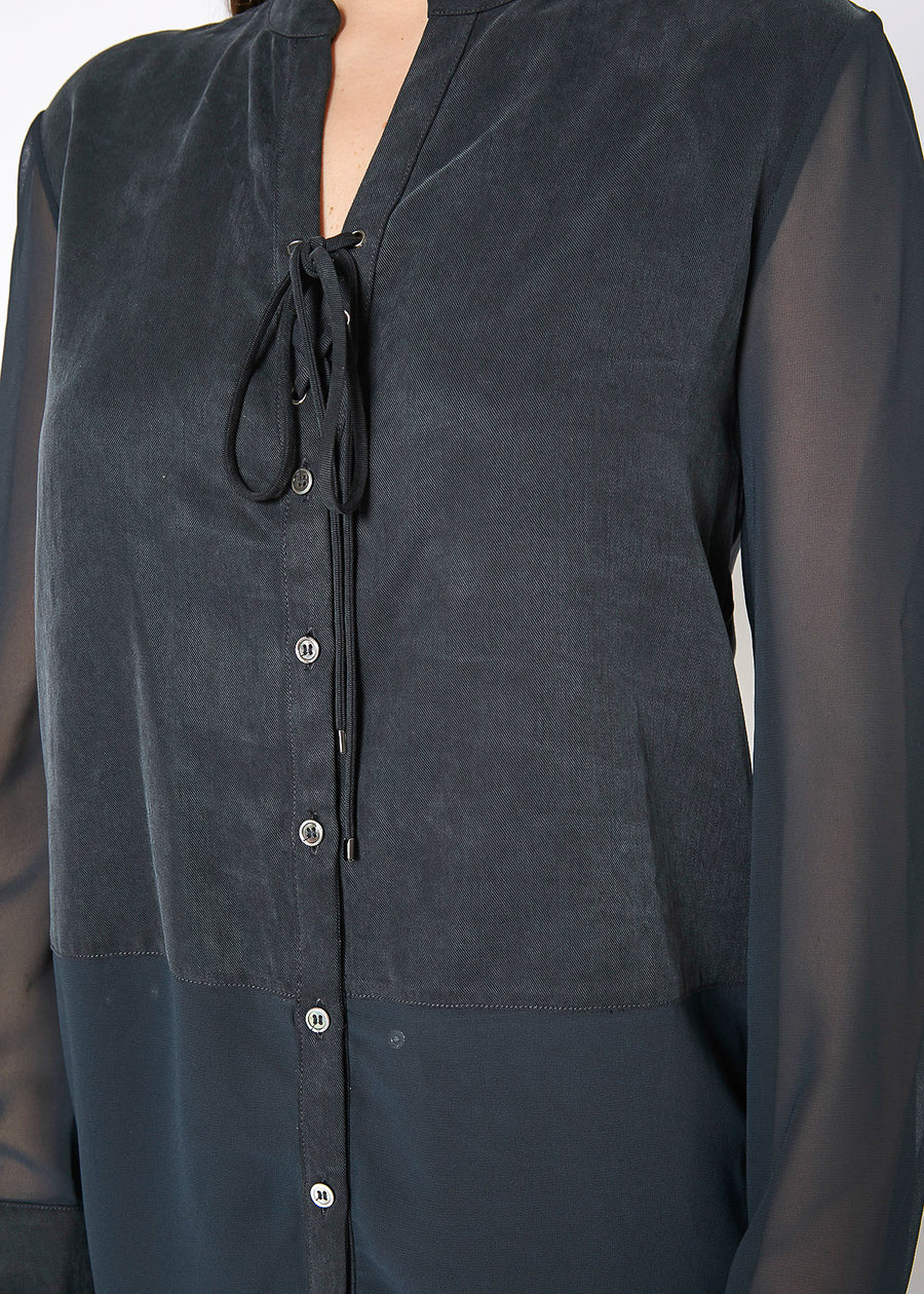 Women's Mesh Contrast Button Up Shirt In Black - shopatkonus